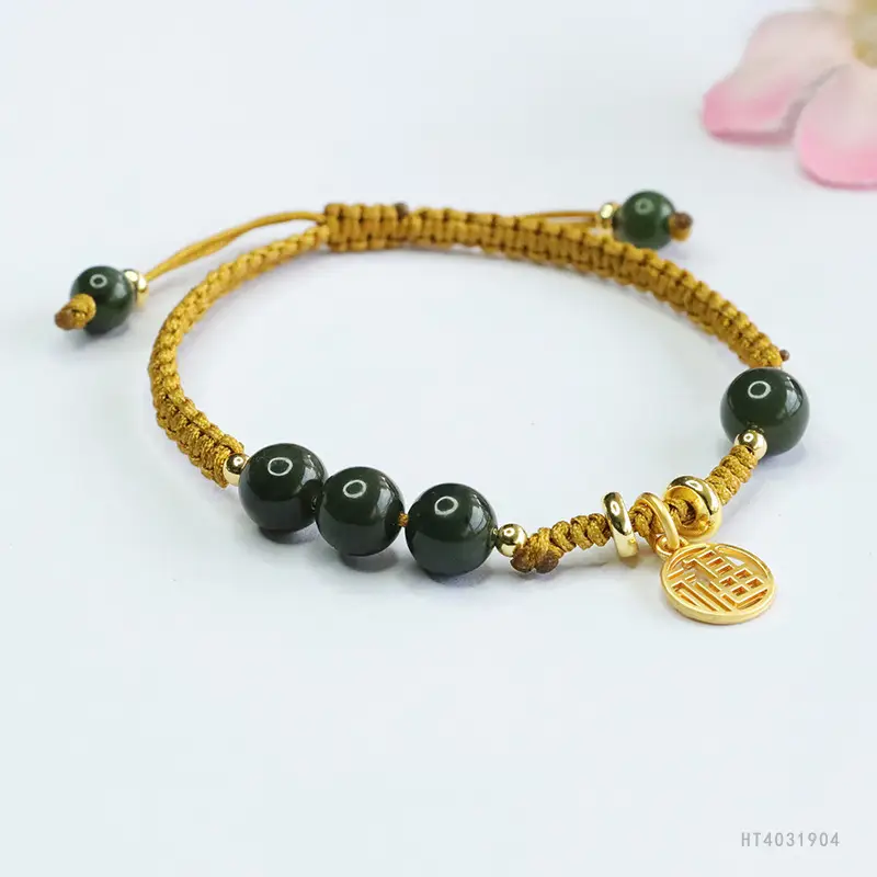 Guan Yu Jade Jasper Bracelet Gold Black Round Bead - Image 3