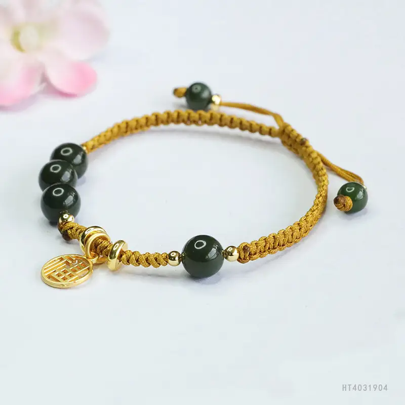 Guan Yu Jade Jasper Bracelet Gold Black Round Bead - Image 4