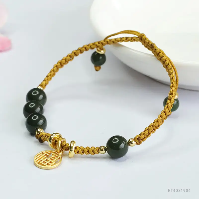Guan Yu Jade Jasper Bracelet Gold Black Round Bead - Image 5
