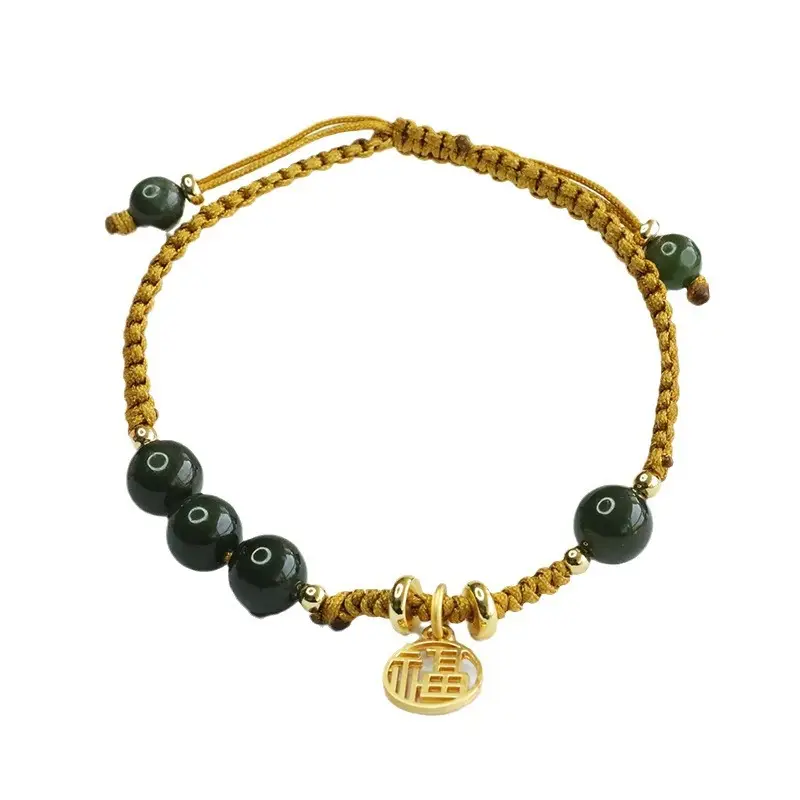 Guan Yu Jade Jasper Bracelet Gold Black Round Bead - Image 6