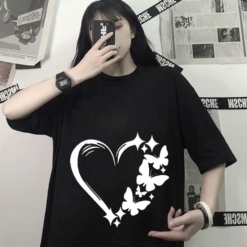 Women Large T-Shirt Heart Butterfly Print Loose Sleeve - Image 10