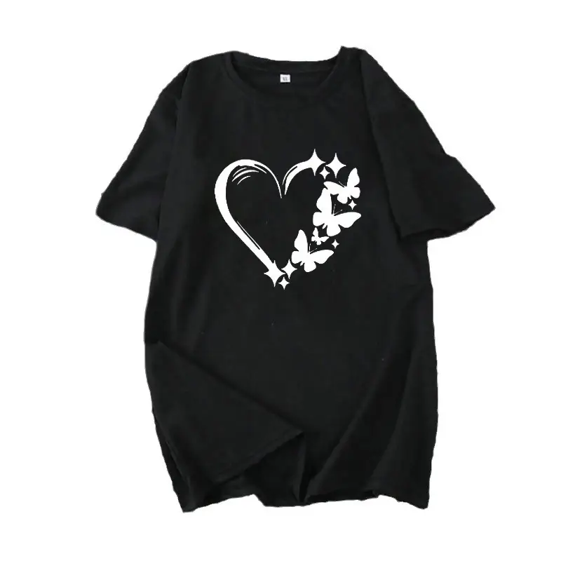 Women Large T-Shirt Heart Butterfly Print Loose Sleeve - Image 13