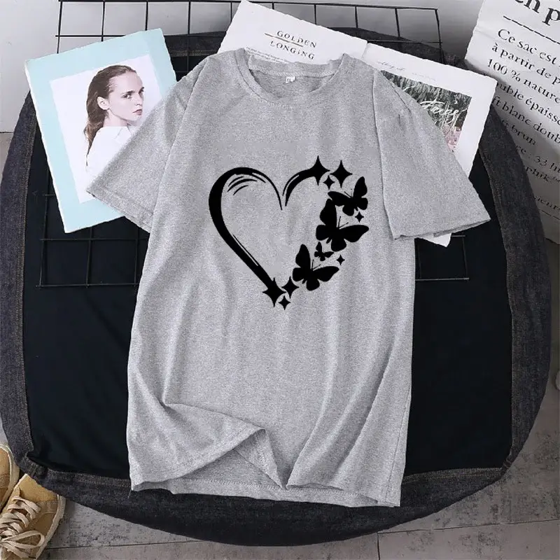 Women Large T-Shirt Heart Butterfly Print Loose Sleeve — feature 10