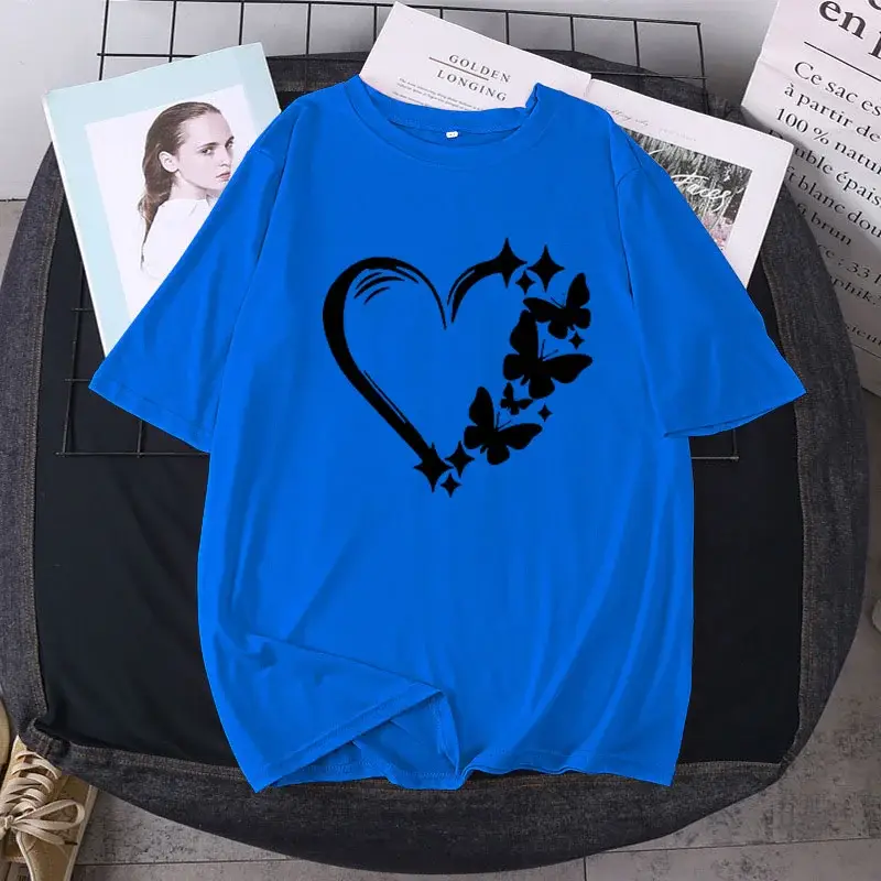 Women Large T-Shirt Heart Butterfly Print Loose Sleeve — feature 5