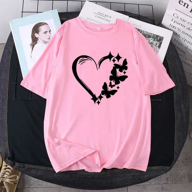 Women Large T-Shirt Heart Butterfly Print Loose Sleeve — feature 6
