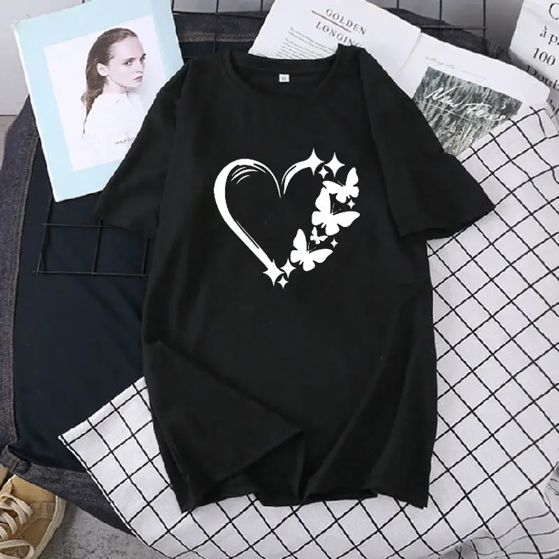 Women Large T-Shirt Heart Butterfly Print Loose Sleeve — feature 7