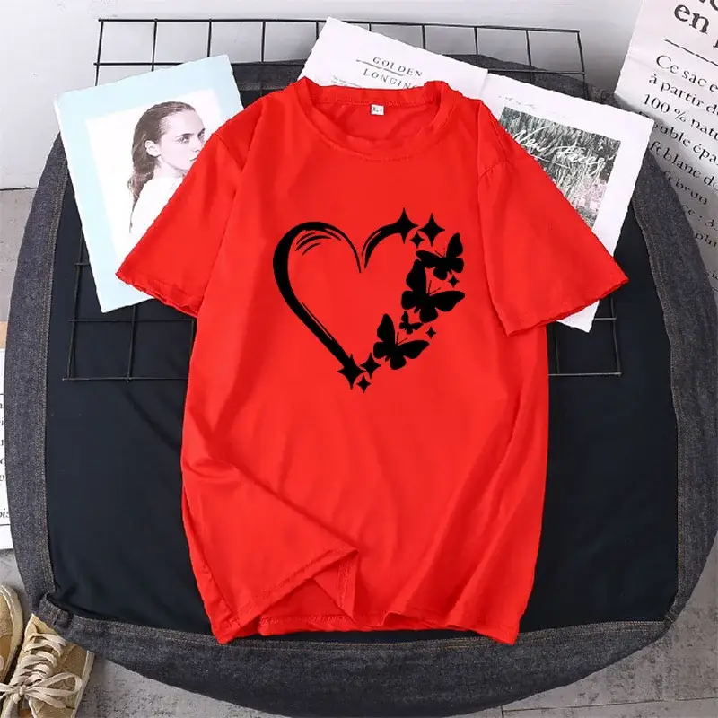 Women Large T-Shirt Heart Butterfly Print Loose Sleeve — feature 8