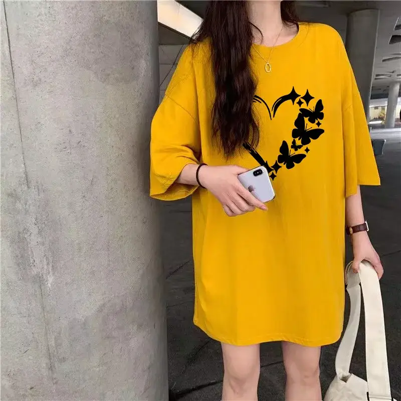 Women Large T-Shirt Heart Butterfly Print Loose Sleeve — feature 9