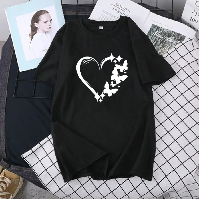 Women Large T-Shirt Heart Butterfly Print Loose Sleeve - Image 2