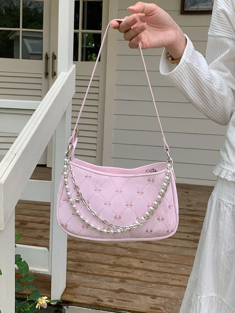 Pink Pearl Chain Shoulder Crossbody Bag for Women - Image 4