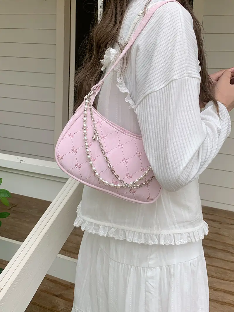 Pink Pearl Chain Shoulder Crossbody Bag for Women - Image 5