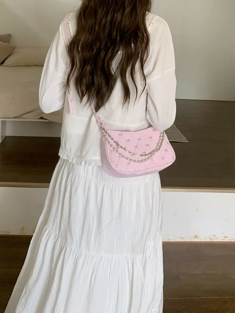 Pink Pearl Chain Shoulder Crossbody Bag for Women - Image 7