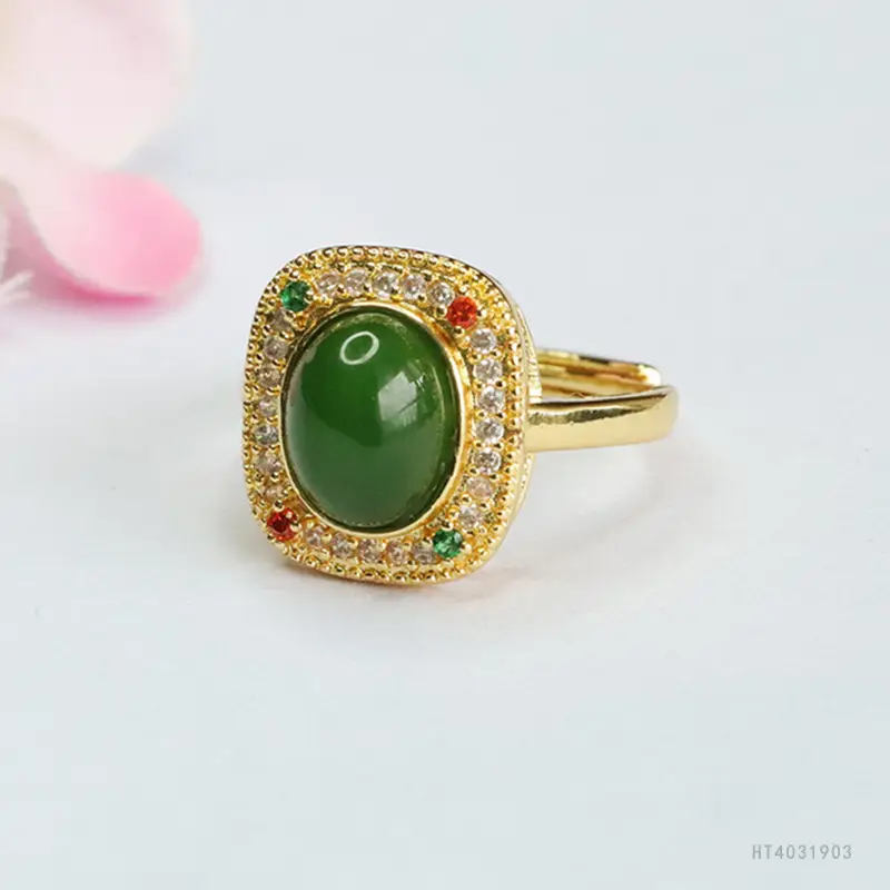 Guan Yu Jade Jasper Ring with Diamond Border - Image 3