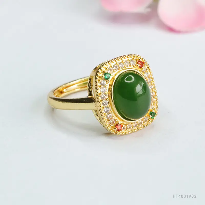 Guan Yu Jade Jasper Ring with Diamond Border - Image 4