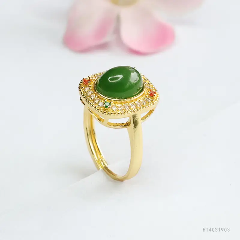 Guan Yu Jade Jasper Ring with Diamond Border - Image 5