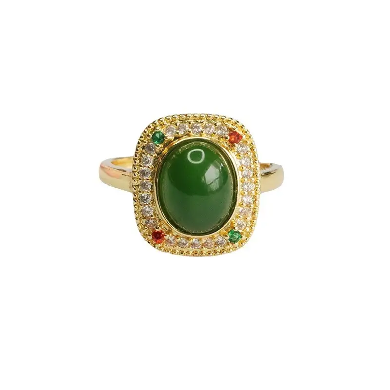 Guan Yu Jade Jasper Ring with Diamond Border - Image 6