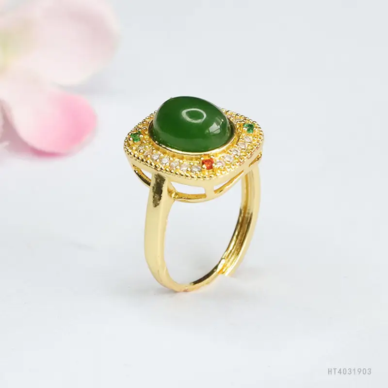 Guan Yu Jade Jasper Ring with Diamond Border — feature 8