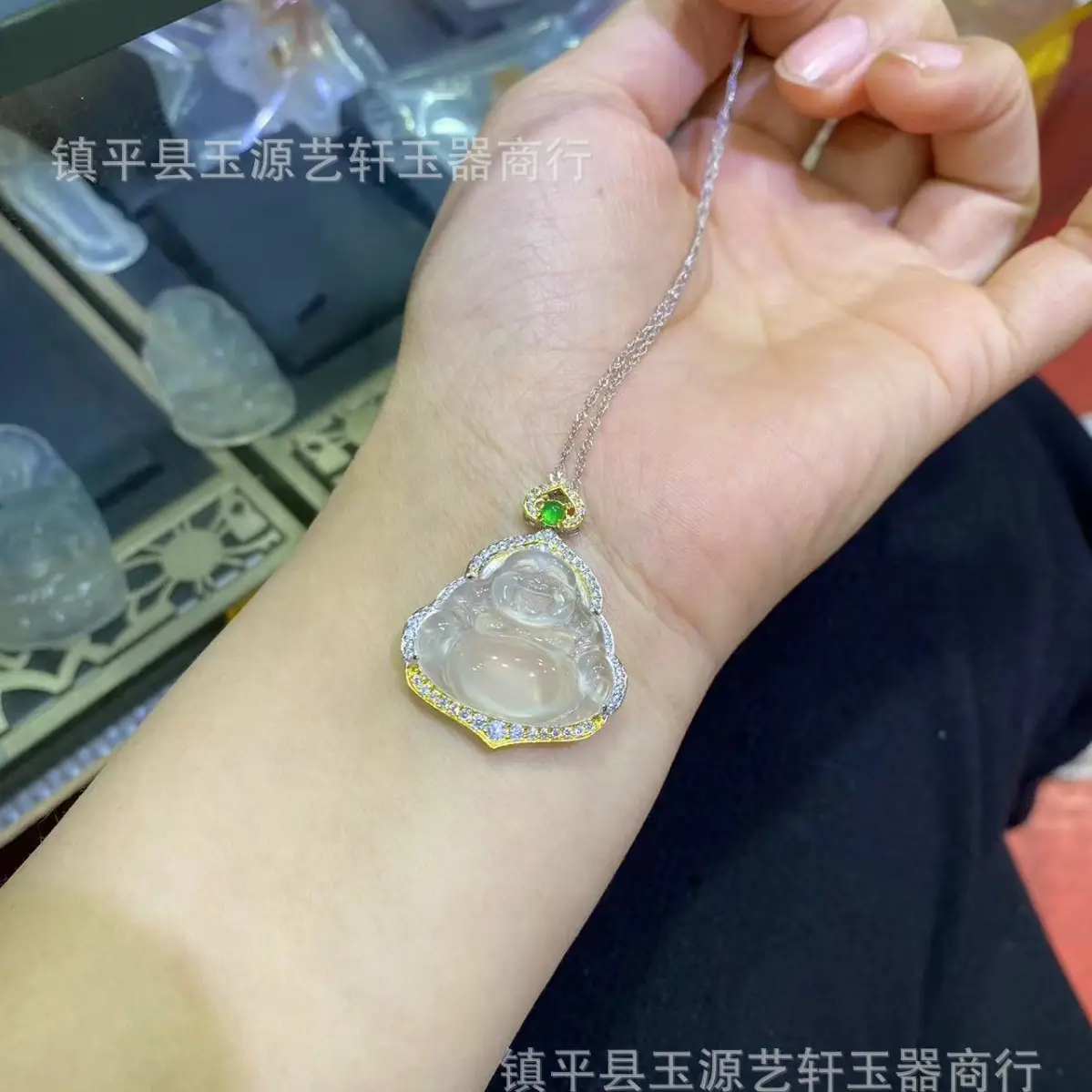 Ice Chalcedony Buddha Pendant with Agate Inlay & Silver Plating - Image 2