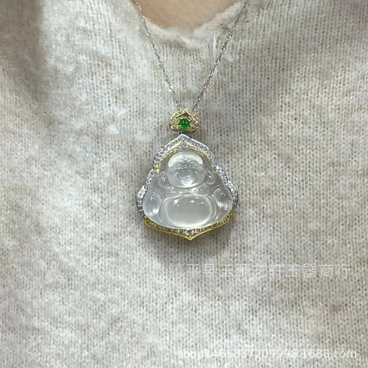 Ice Chalcedony Buddha Pendant with Agate Inlay & Silver Plating - Image 3
