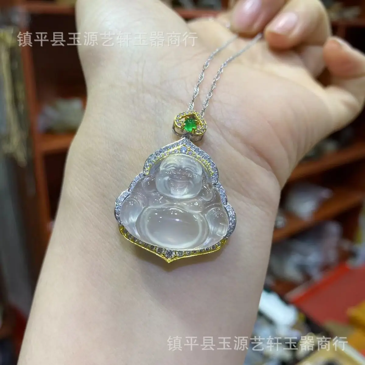 Ice Chalcedony Buddha Pendant with Agate Inlay & Silver Plating - Image 4