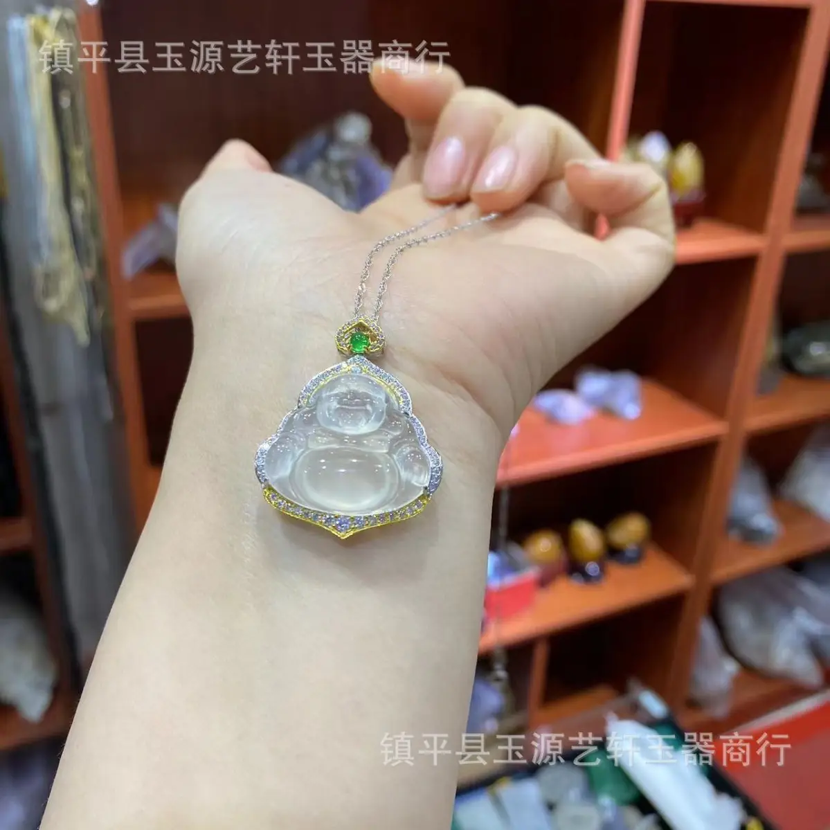 Ice Chalcedony Buddha Pendant with Agate Inlay & Silver Plating - Image 5