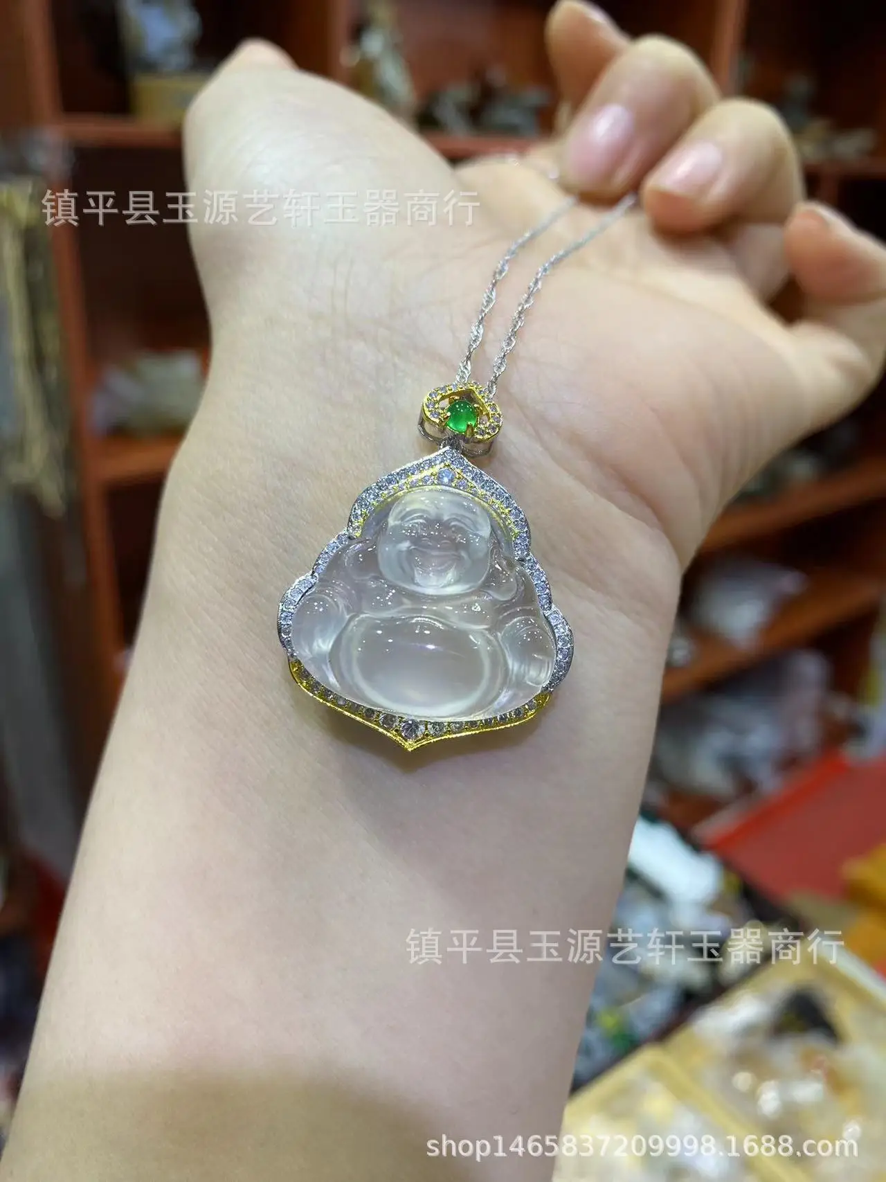 Ice Chalcedony Buddha Pendant with Agate Inlay & Silver Plating — feature 10
