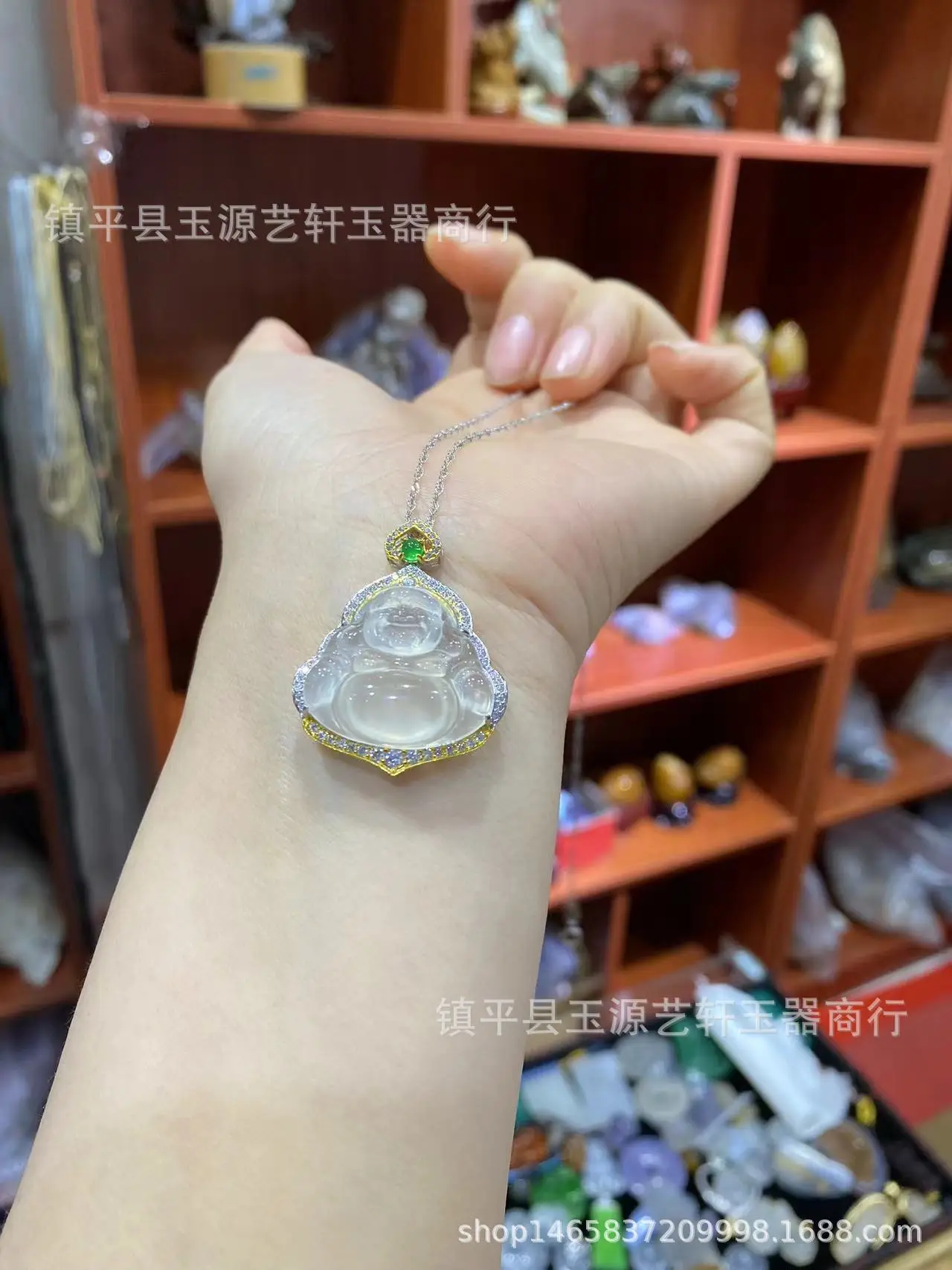 Ice Chalcedony Buddha Pendant with Agate Inlay & Silver Plating — feature 11
