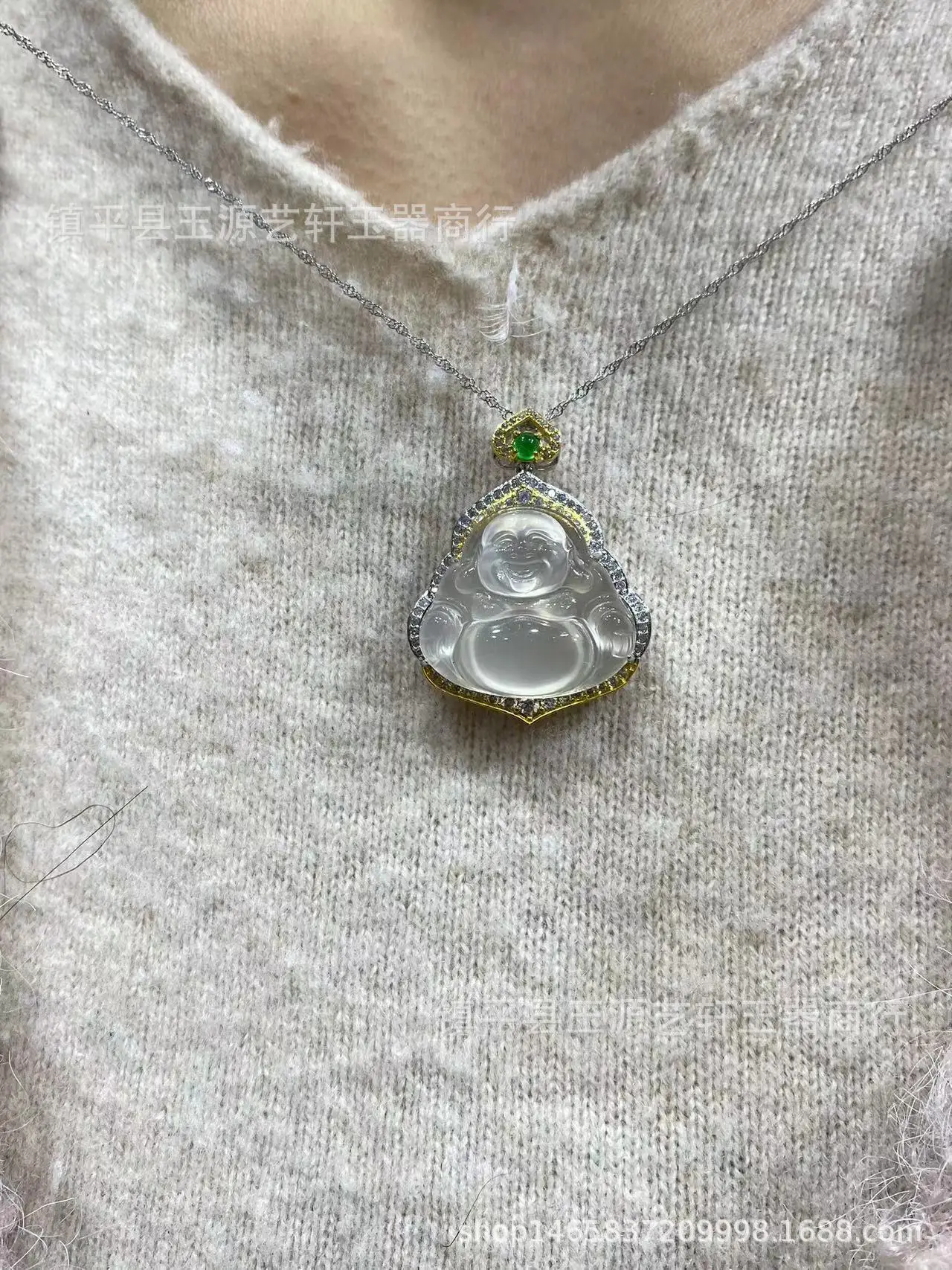Ice Chalcedony Buddha Pendant with Agate Inlay & Silver Plating — feature 2