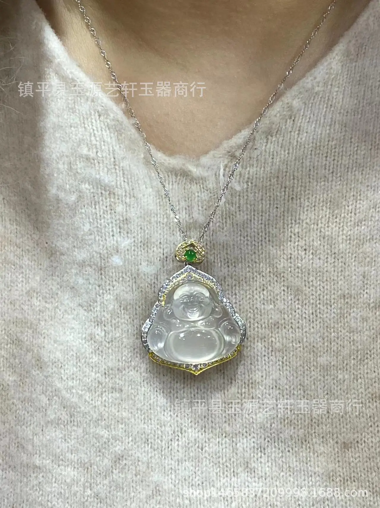 Ice Chalcedony Buddha Pendant with Agate Inlay & Silver Plating — feature 3
