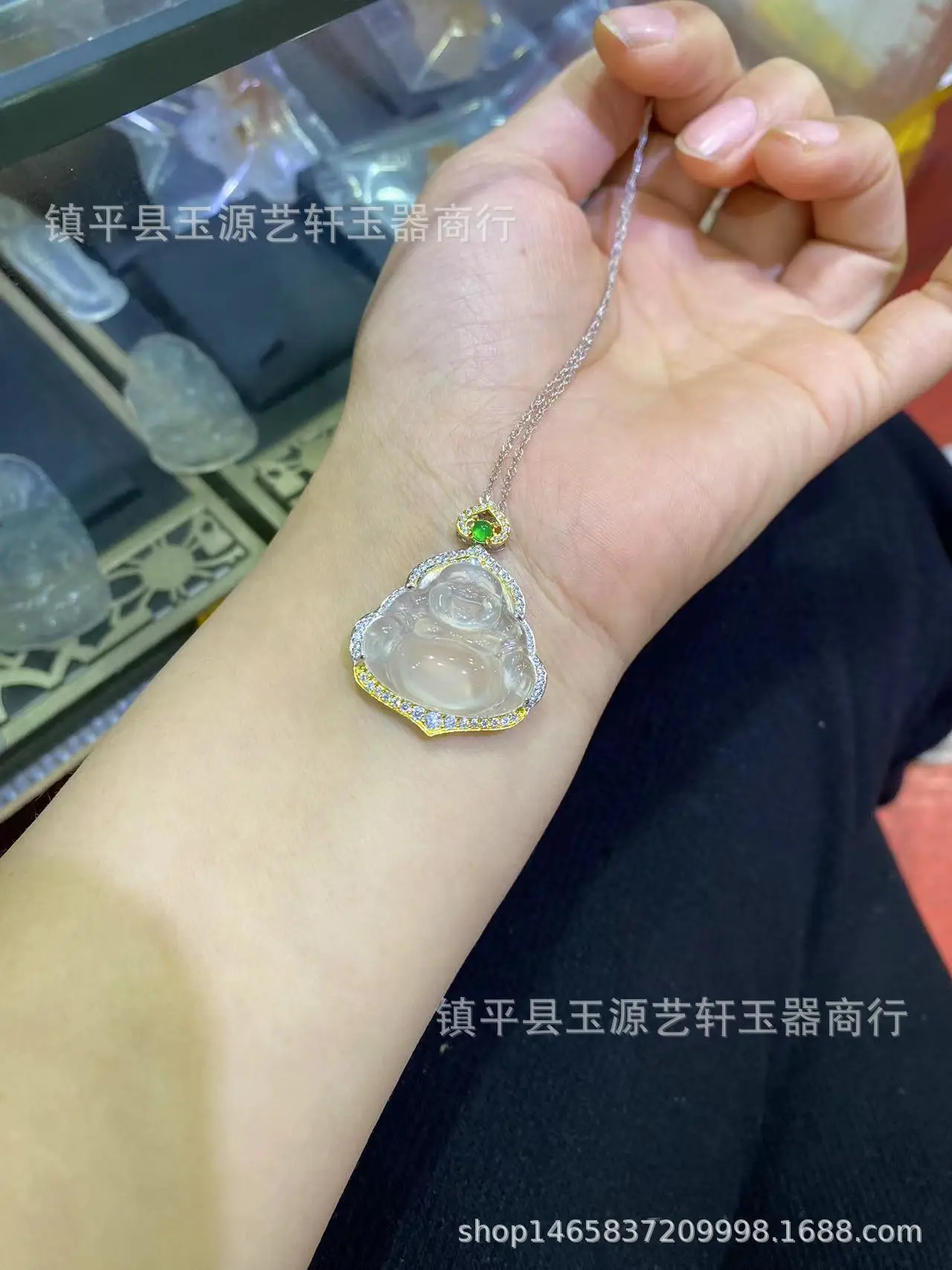Ice Chalcedony Buddha Pendant with Agate Inlay & Silver Plating — feature 5