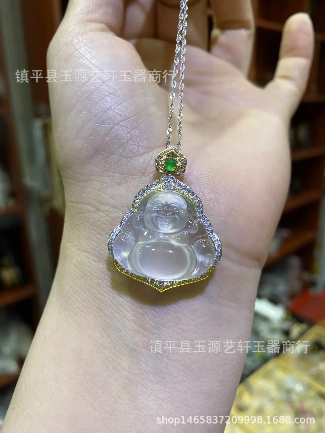 Ice Chalcedony Buddha Pendant with Agate Inlay & Silver Plating — feature 6