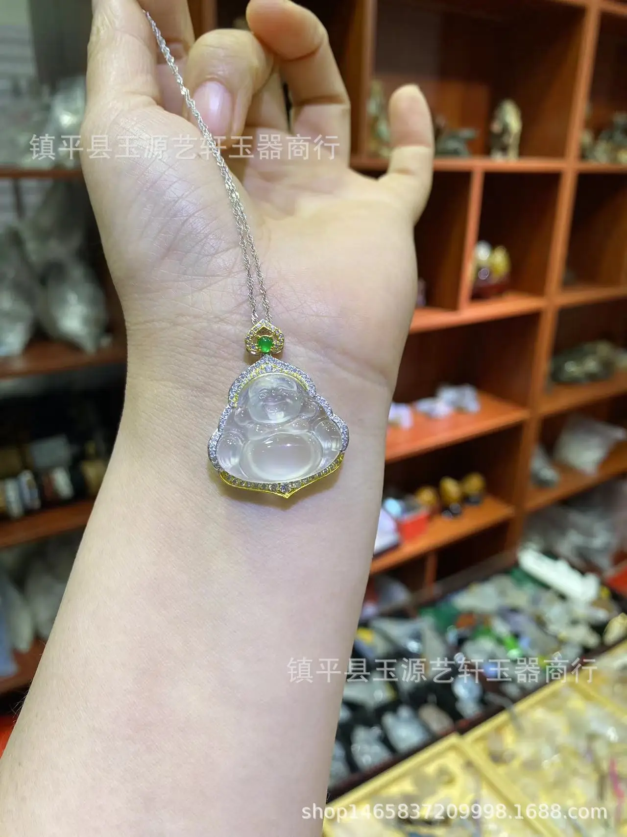 Ice Chalcedony Buddha Pendant with Agate Inlay & Silver Plating — feature 7