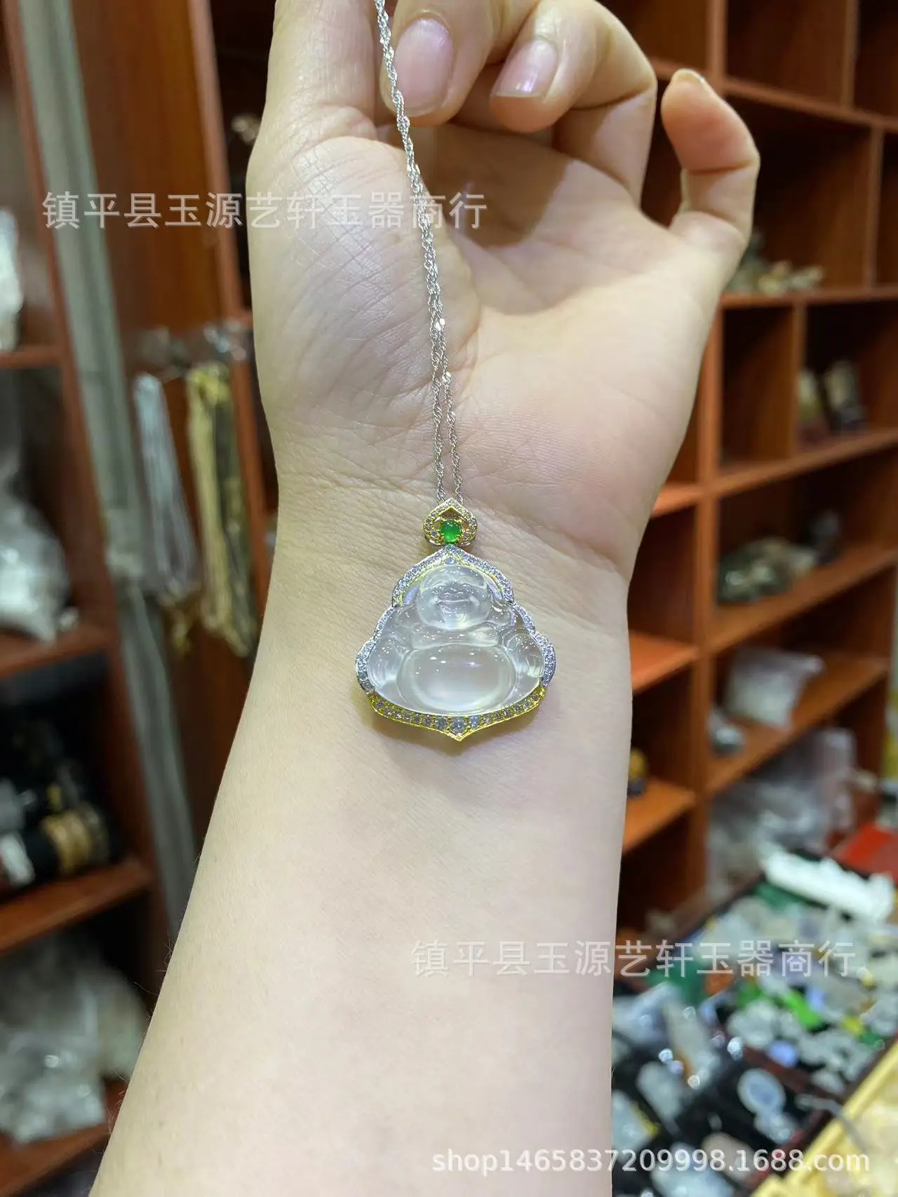 Ice Chalcedony Buddha Pendant with Agate Inlay & Silver Plating — feature 8