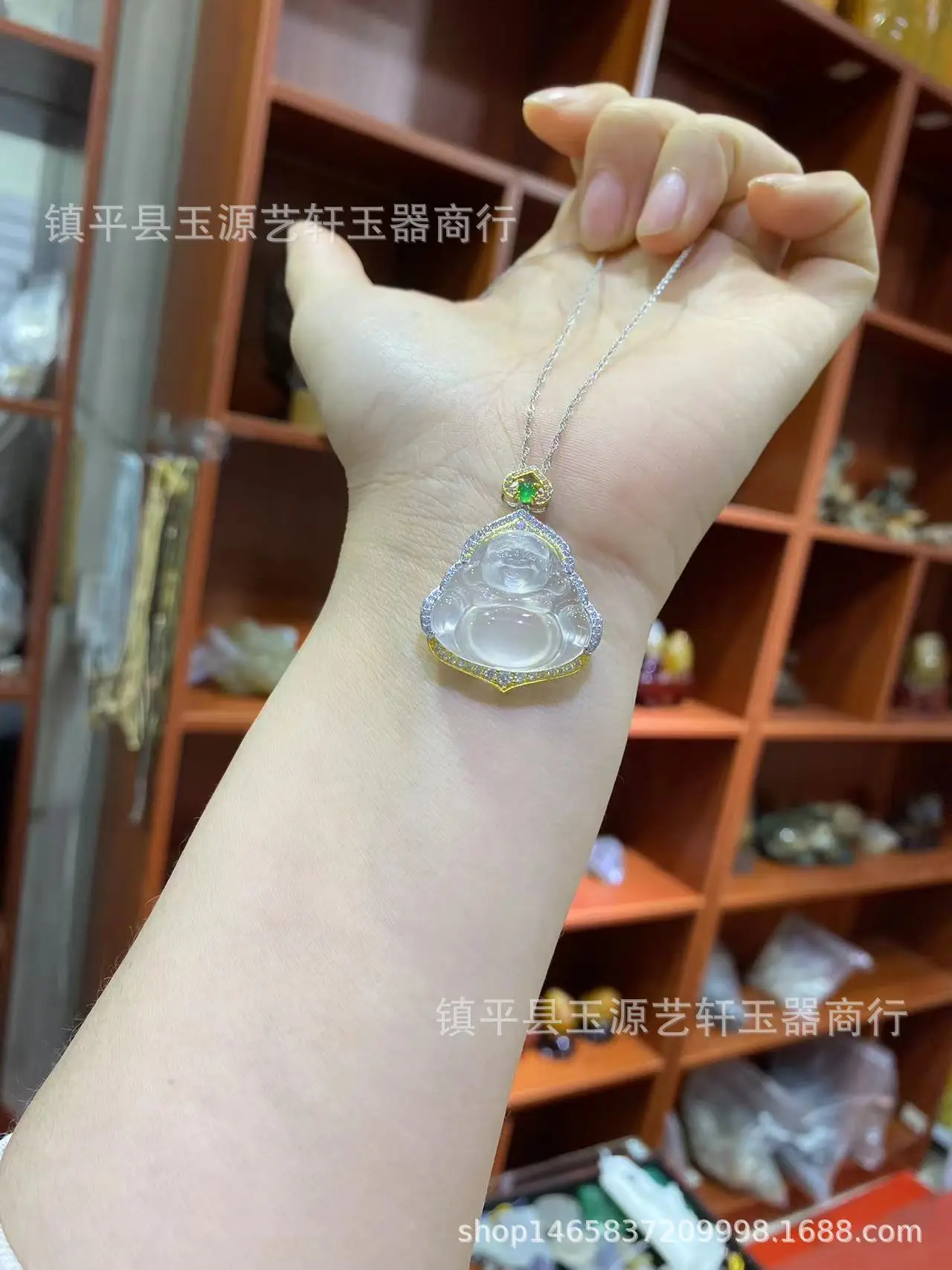 Ice Chalcedony Buddha Pendant with Agate Inlay & Silver Plating — feature 9