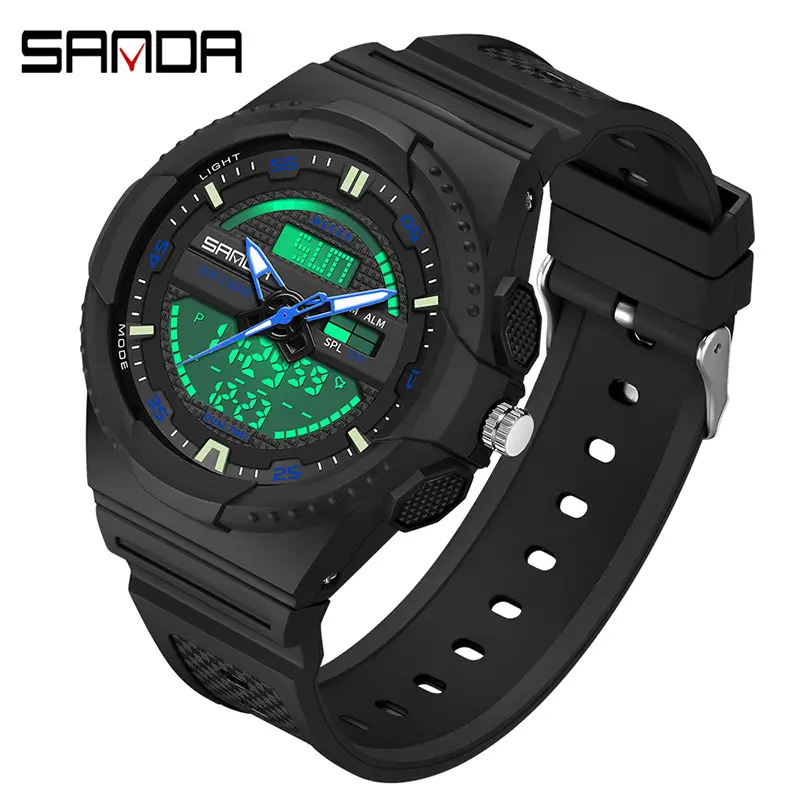 Sanda Waterproof Men's Dual Display Sports Watch Black