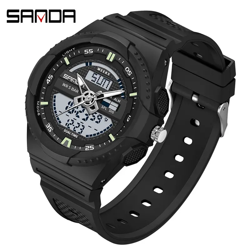 Sanda Waterproof Men's Dual Display Sports Watch Black