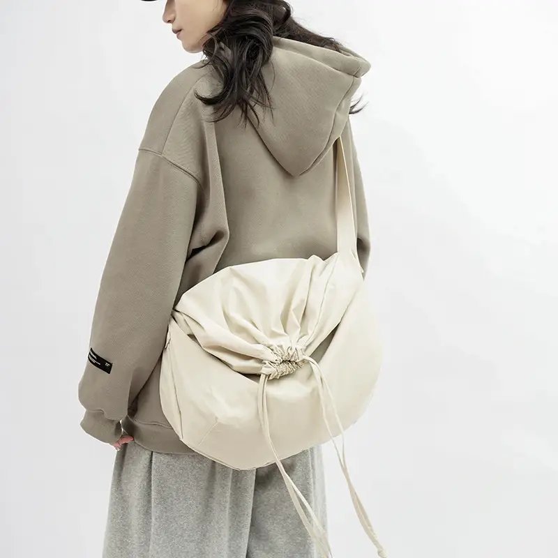 Women's Drawstring Shoulder Bag Solid Color Retro Tote - Image 7