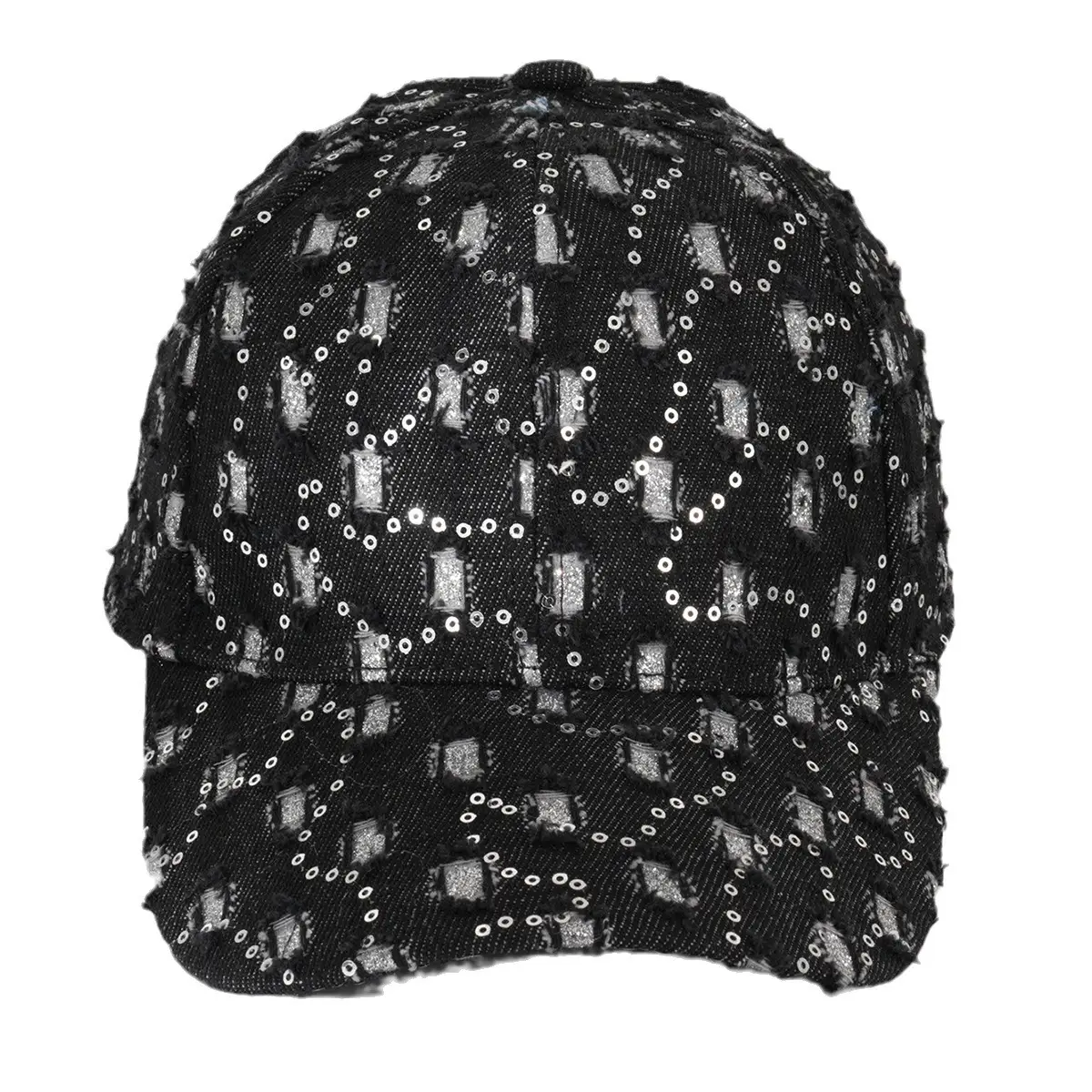 Black Sequin Distressed Baseball Cap for Men Women - Image 5