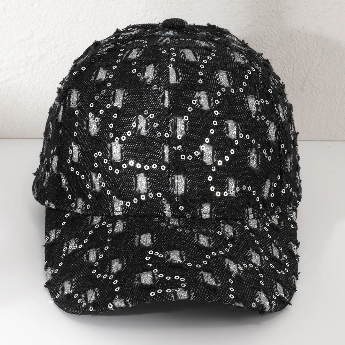 Black Sequin Distressed Baseball Cap for Men Women — feature 2