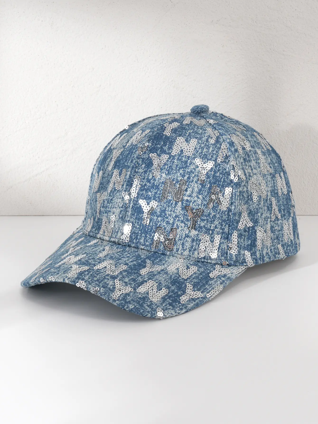 Denim Sequin Baseball Cap with Letter Pattern — feature 1