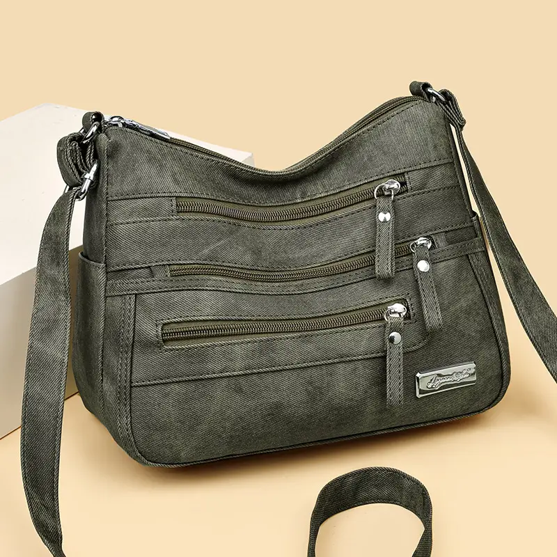 Retro Green Shoulder Bag for Women with 5 Pockets