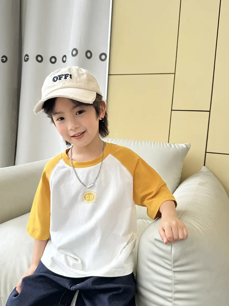 Boys Pure Cotton Raglan Sleeve T-Shirt White Yellow Korean Style - Image 7