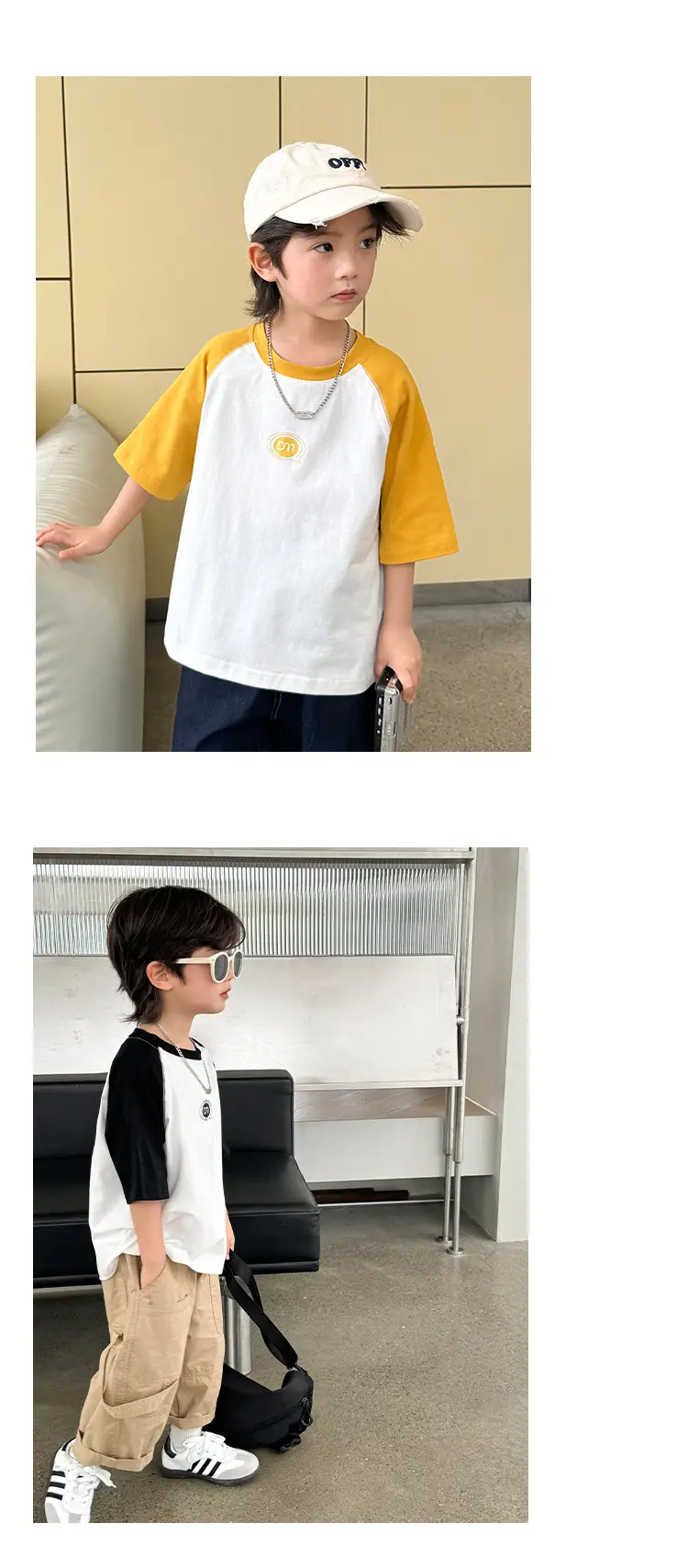 Boys Pure Cotton Raglan Sleeve T-Shirt White Yellow Korean Style — feature 10