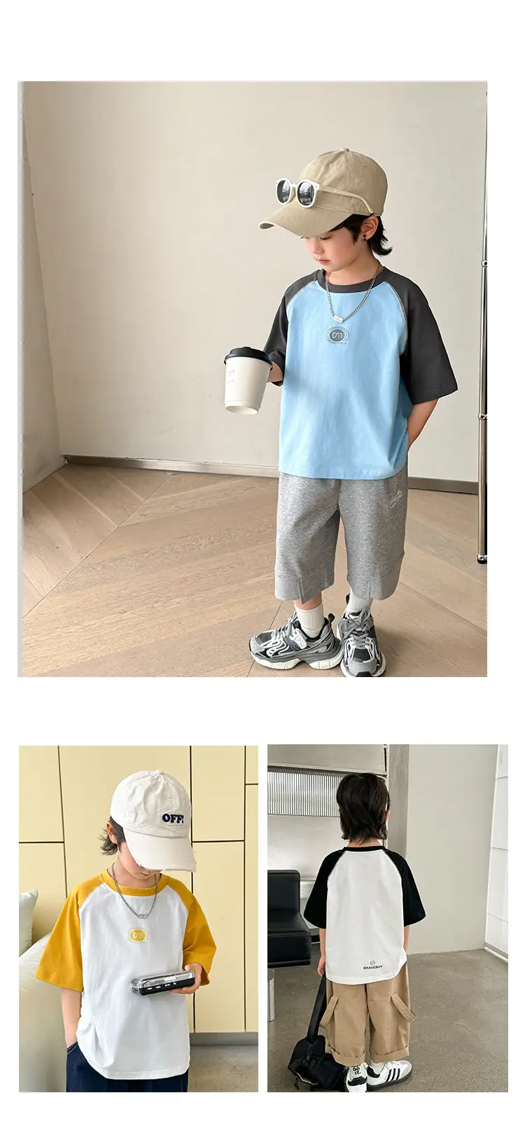 Boys Pure Cotton Raglan Sleeve T-Shirt White Yellow Korean Style — feature 8