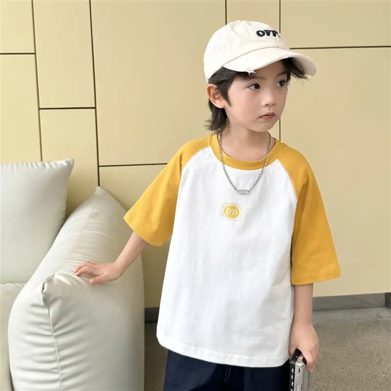 Boys Pure Cotton Raglan Sleeve T-Shirt White Yellow Korean Style - Image 2