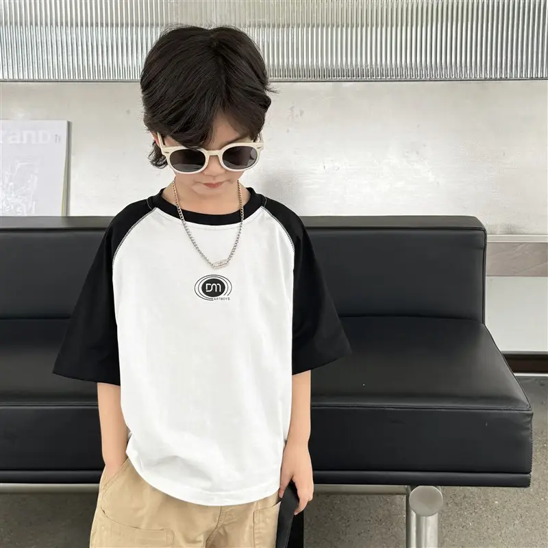 Boys Pure Cotton Raglan Sleeve T-Shirt White Yellow Korean Style - Image 3
