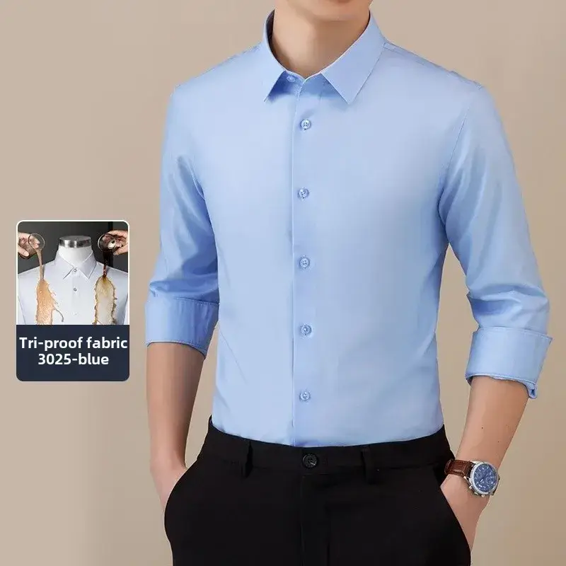 Three-Proof Grey Solid Color Men's Long Sleeve Shirt - Image 8