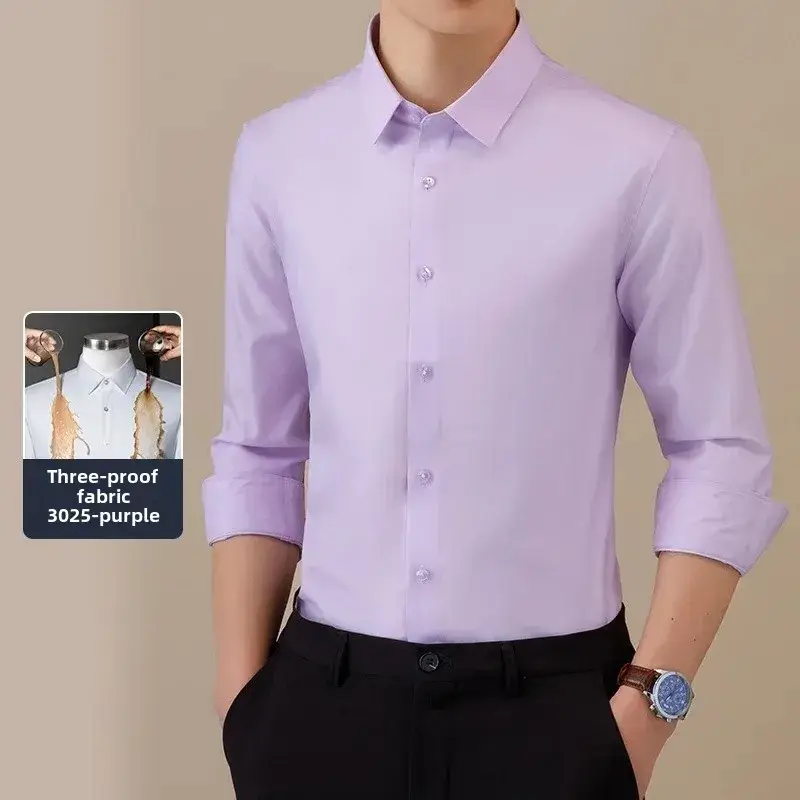 Three-Proof Grey Solid Color Men's Long Sleeve Shirt - Image 15