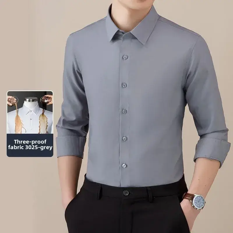Three-Proof Grey Solid Color Men's Long Sleeve Shirt - Image 24