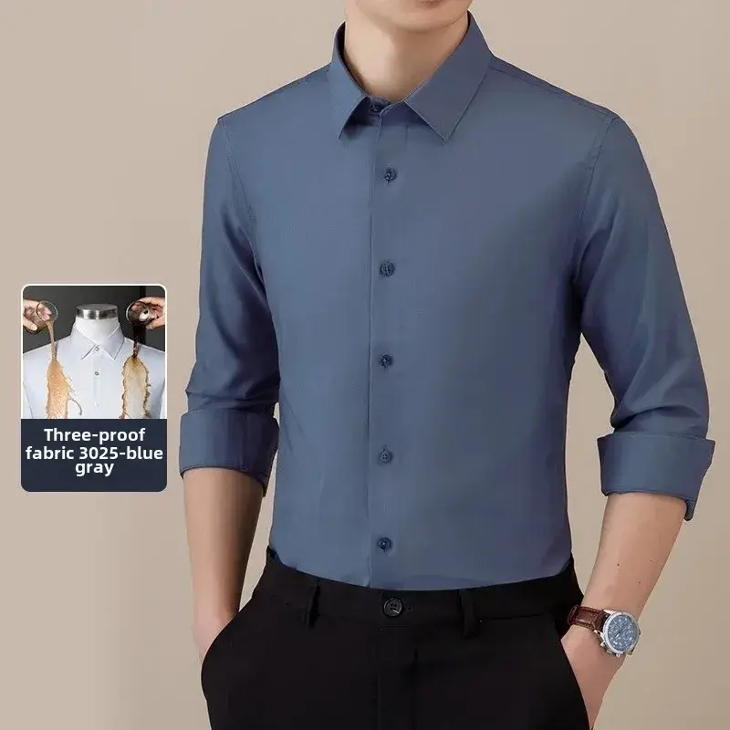 Three-Proof Grey Solid Color Men's Long Sleeve Shirt - Image 26